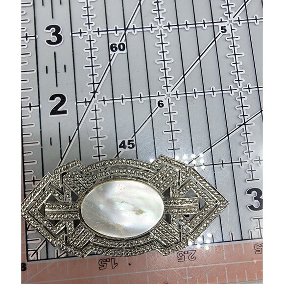 Large Silver Marcasite Mother of Pearl Brooch Vintage Ladies Pin - Picture 3 of 5